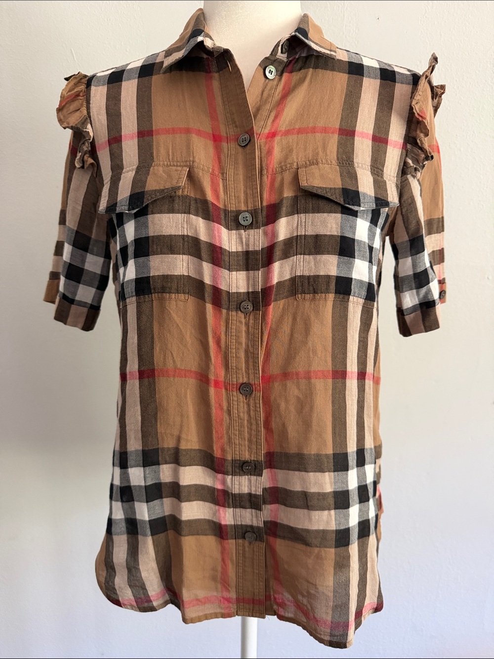 Burberry Nova Check Ruffle Shoulder Shirt Top Women’s Size US 6
